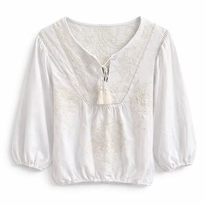Forgotten Grace Embroidered Boho Peasant Blouse Medium White Tassel Top NWT